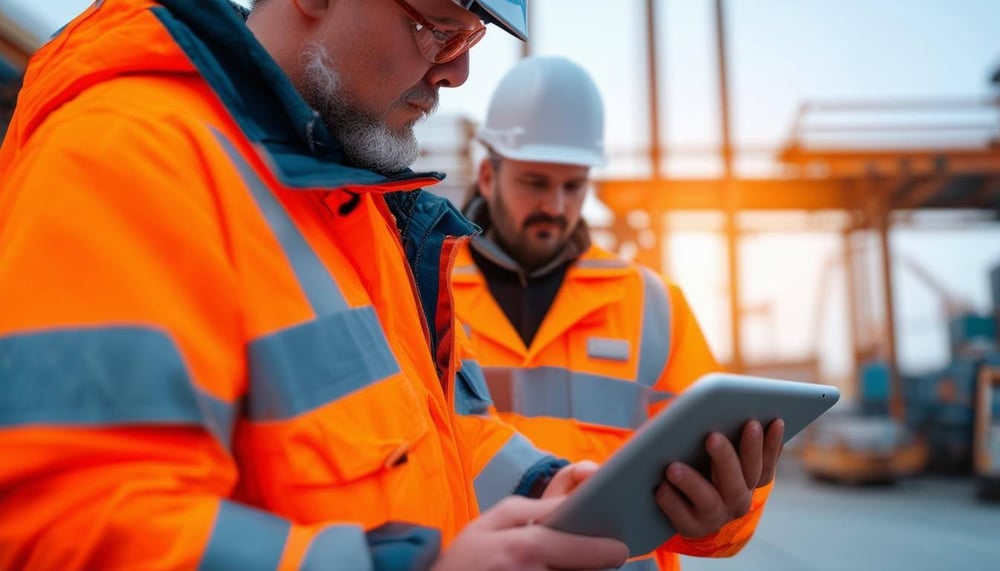 Engineers looking at a tablet with STRUMIS